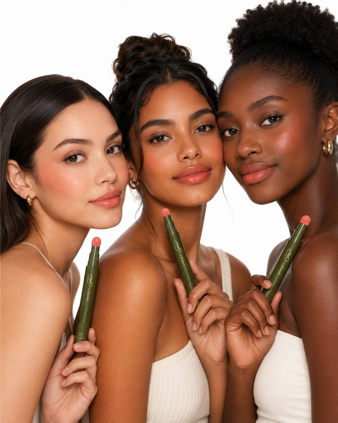 Três modelos brasileiras usando Batom Mousse Cushion Coral Pêssego O Sfumato nos lábios e bochechas