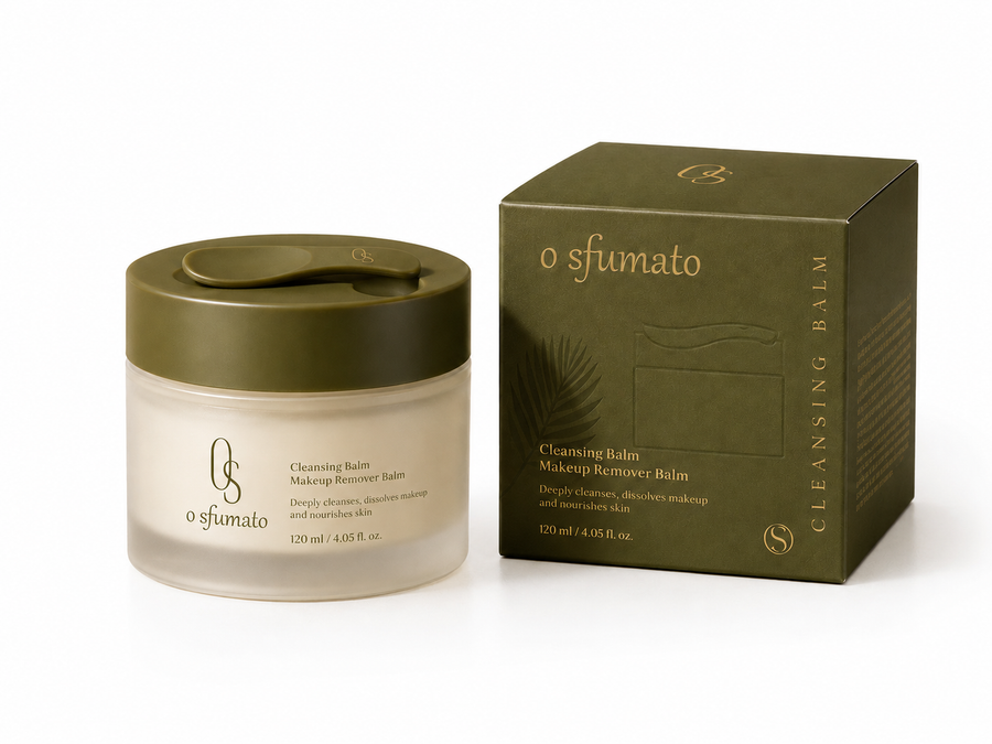 O Sfumato Cleansing Balm Demaquilante 120 ml com embalagem verde e pote fosco em fundo branco