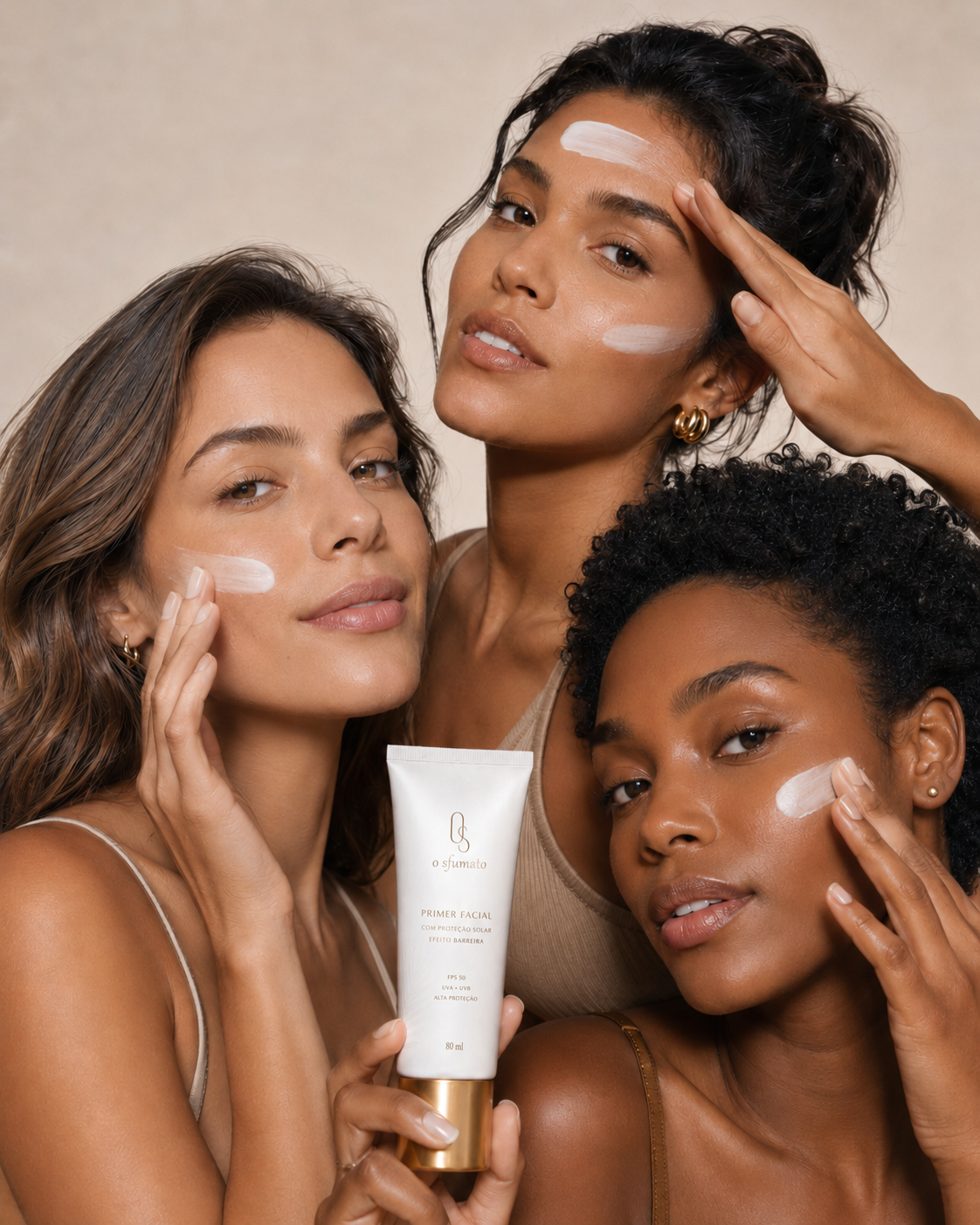 Primer facial O Sfumato™ aplicado em três tons de pele com acabamento natural e luminoso