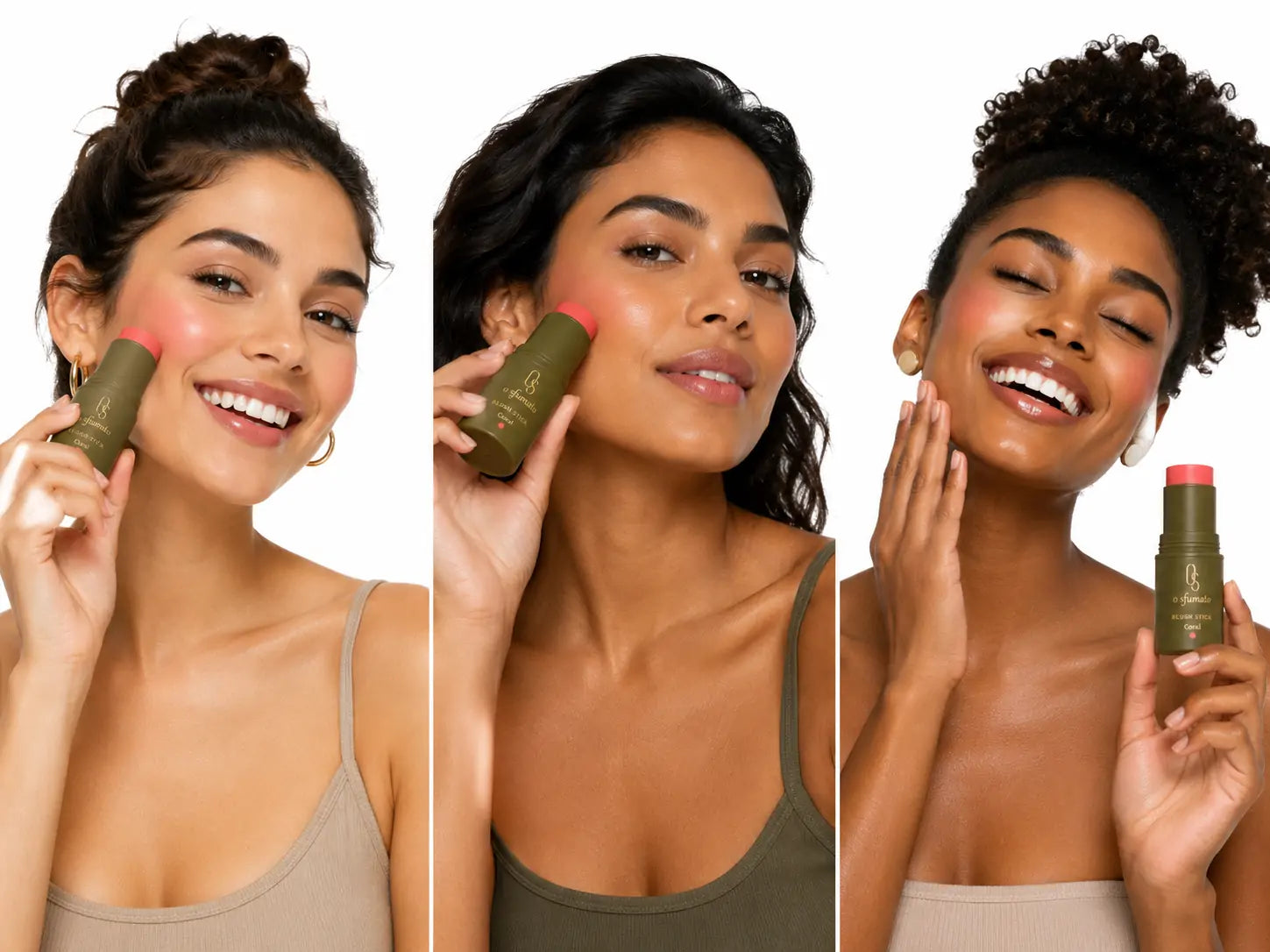 Três mulheres brasileiras com diferentes tons de pele usando Blush Stick Coral O Sfumato™ nas bochechas.