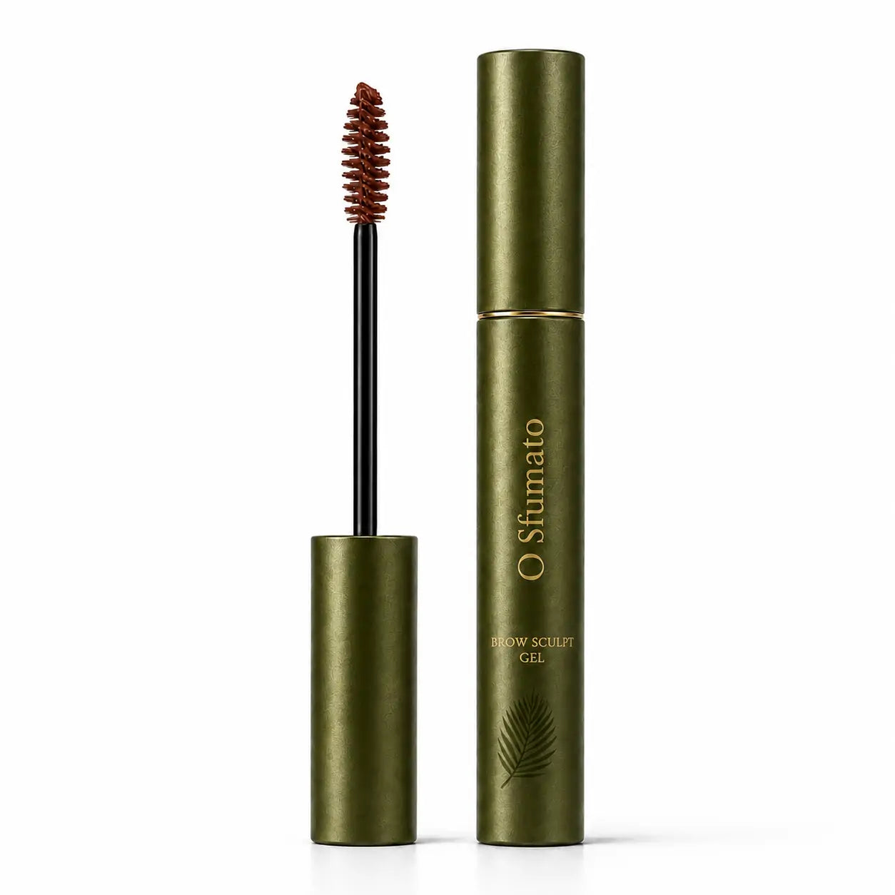 Gel para sobrancelhas Castanho Chocolate O Sfumato™ com escova aplicadora e embalagem verde elegante