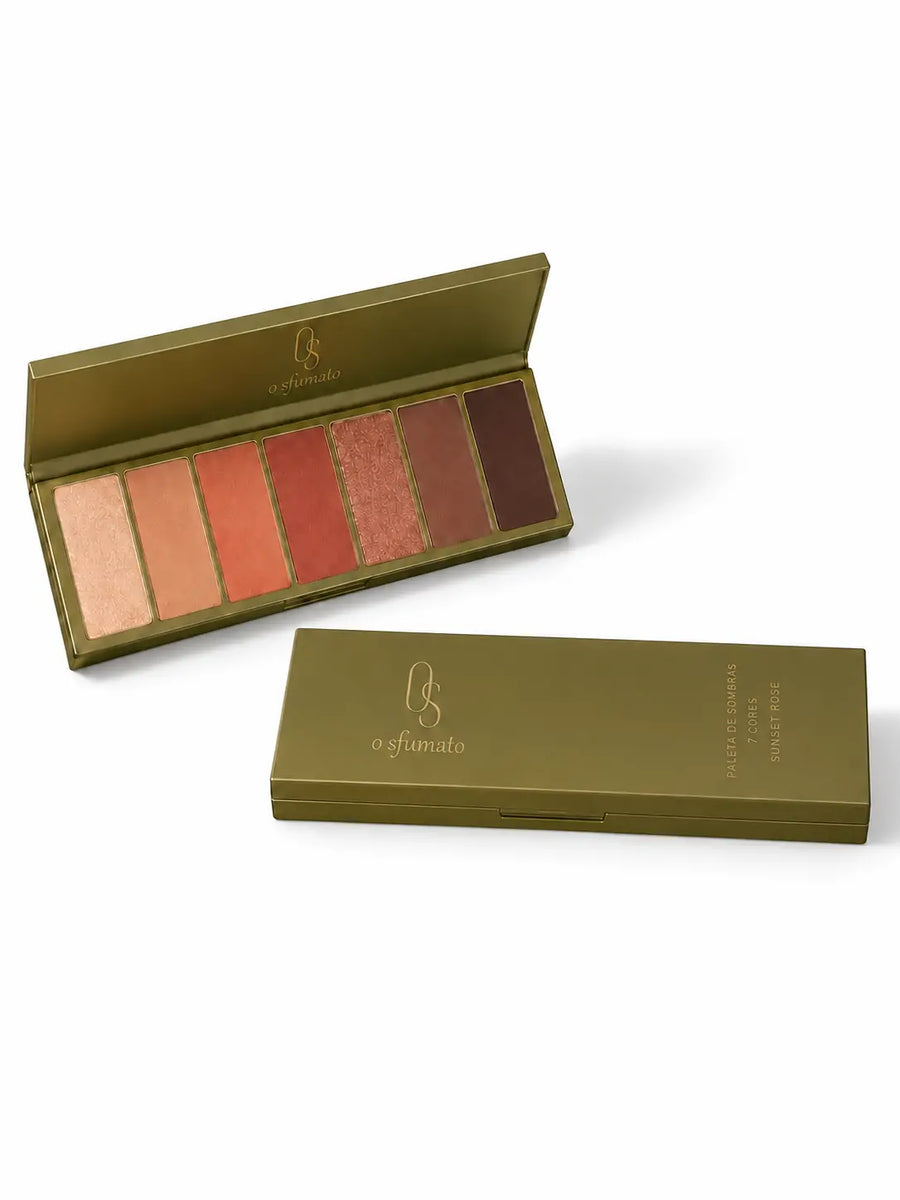 Paleta de sombras O Sfumato Sunset Rose com 7 cores em embalagem verde oliva sobre fundo branco