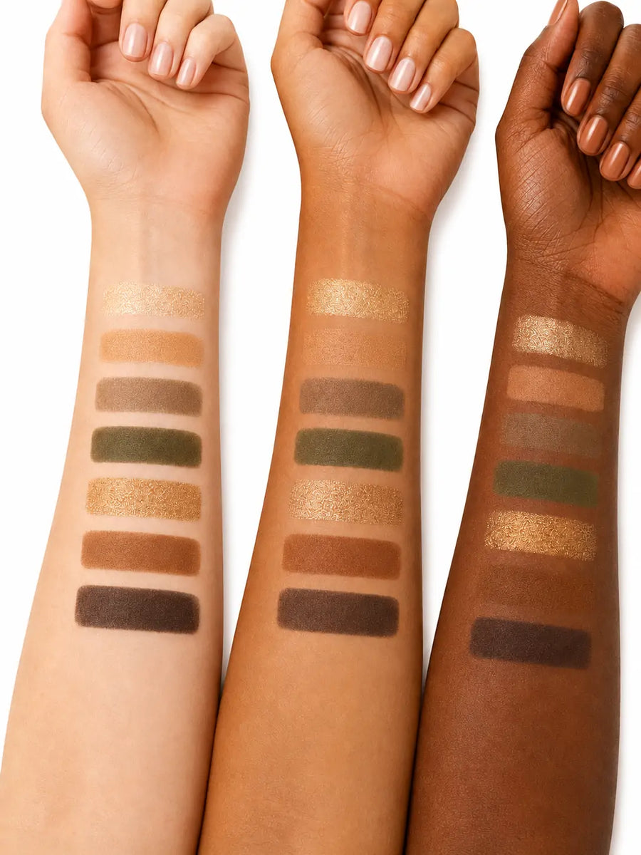 Paleta de sombras O Sfumato™ com 7 cores em tons verde oliva, dourado e marrom