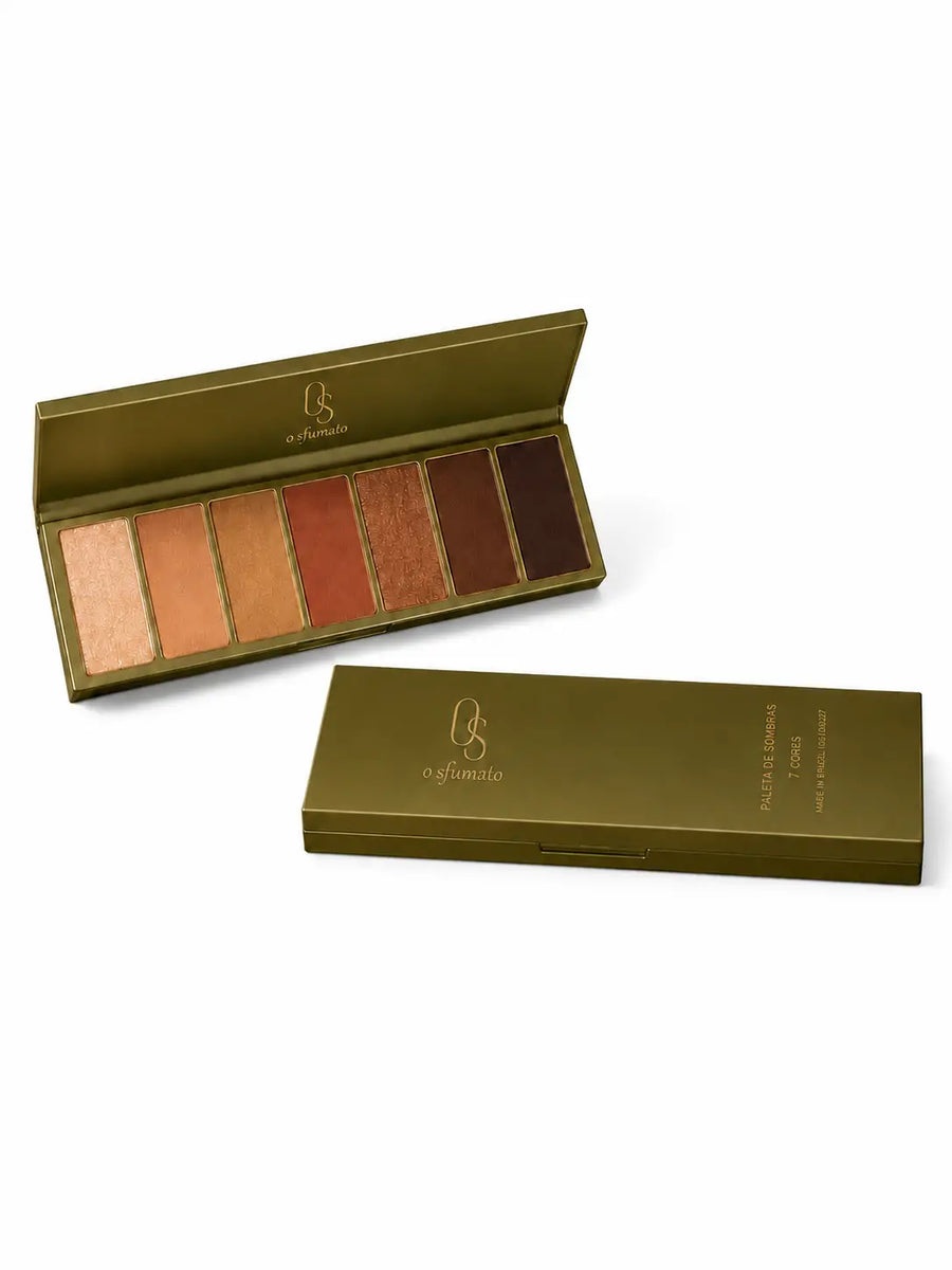 Paleta de sombras 7 cores tons terrosos O Sfumato™ com embalagem verde