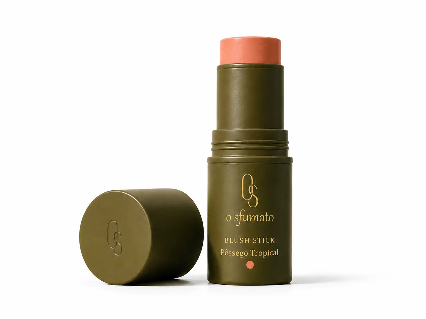 Blush em bastão O Sfumato™ Pêssego Tropical em embalagem verde oliva com tampa ao lado sobre fundo branco