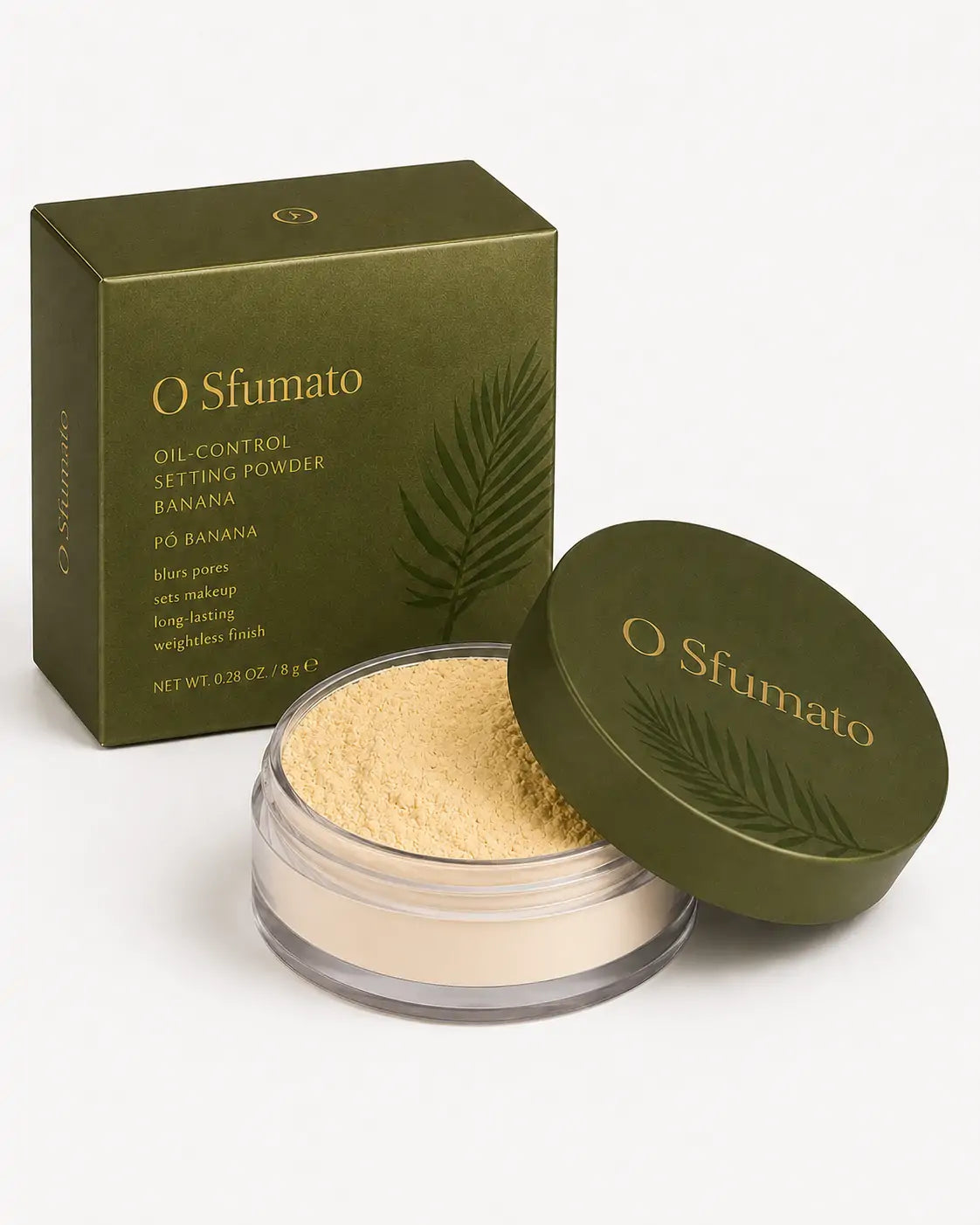 Pó solto banana O Sfumato™ Oil-Control Setting Powder com embalagem verde e tampa com logo dourado
