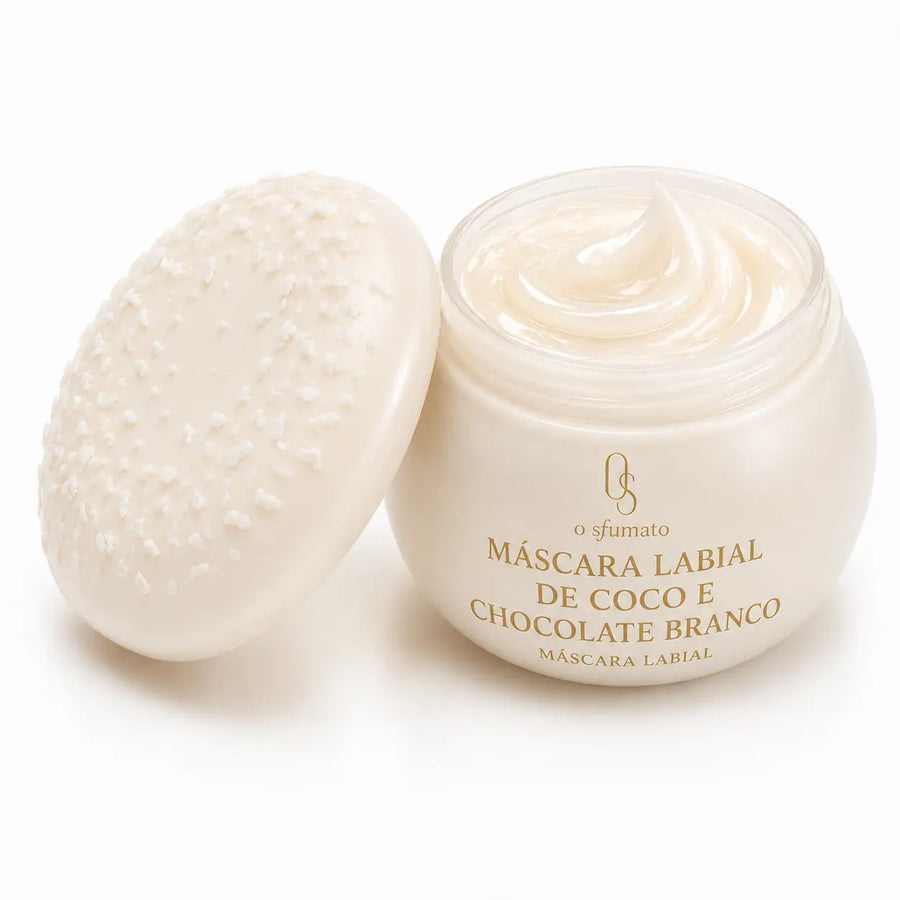 Máscara Labial Coco e Chocolate Branco O Sfumato™ em pote aberto com tampa decorada e textura cremosa sobre fundo branco.