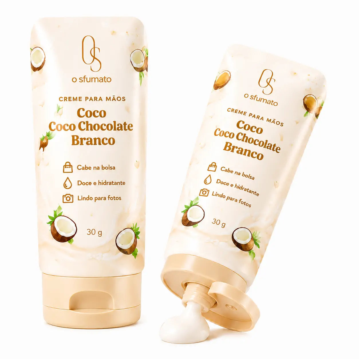 Creme para mãos O Sfumato Coco e Chocolate Branco com duas embalagens em fundo branco, uma fechada e outra aberta com o creme saindo da tampa.