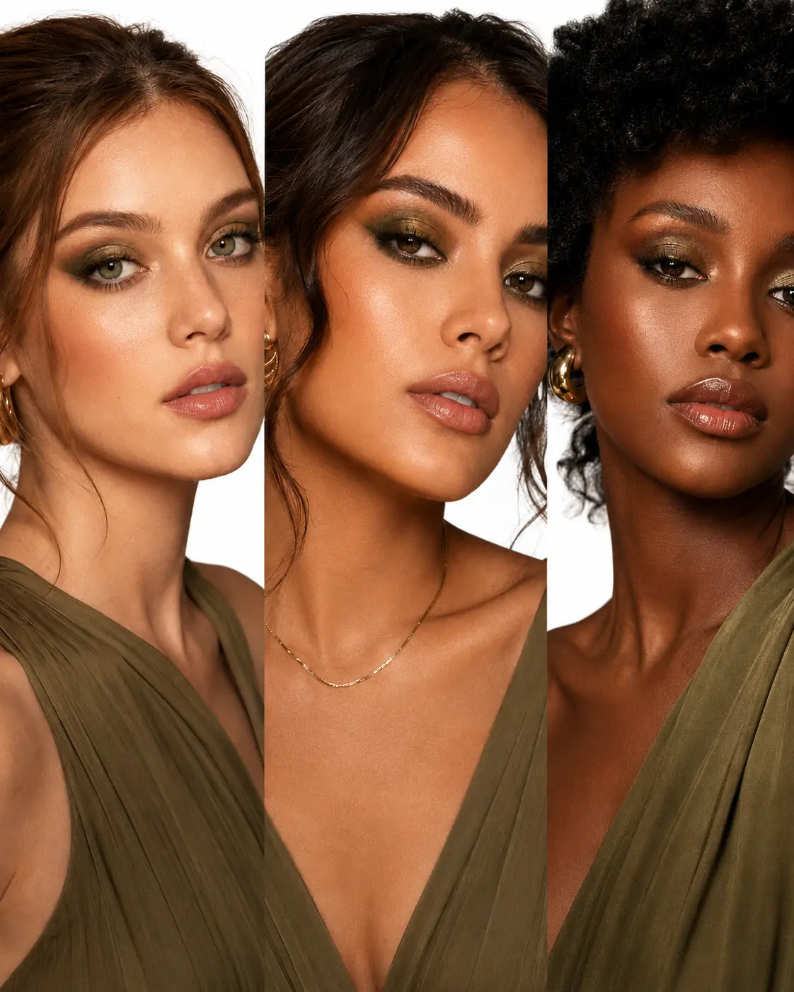Maquiagem com paleta de sombras O Sfumato™ verde oliva em três modelos de tons de pele diferentes