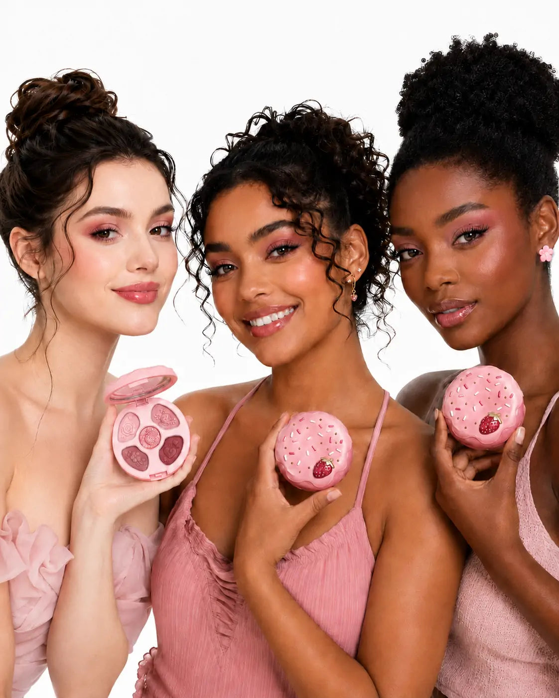 Três modelos com diferentes tons de pele segurando a paleta de sombras O Sfumato™ Rosa Frutas Vermelhas em fundo branco.