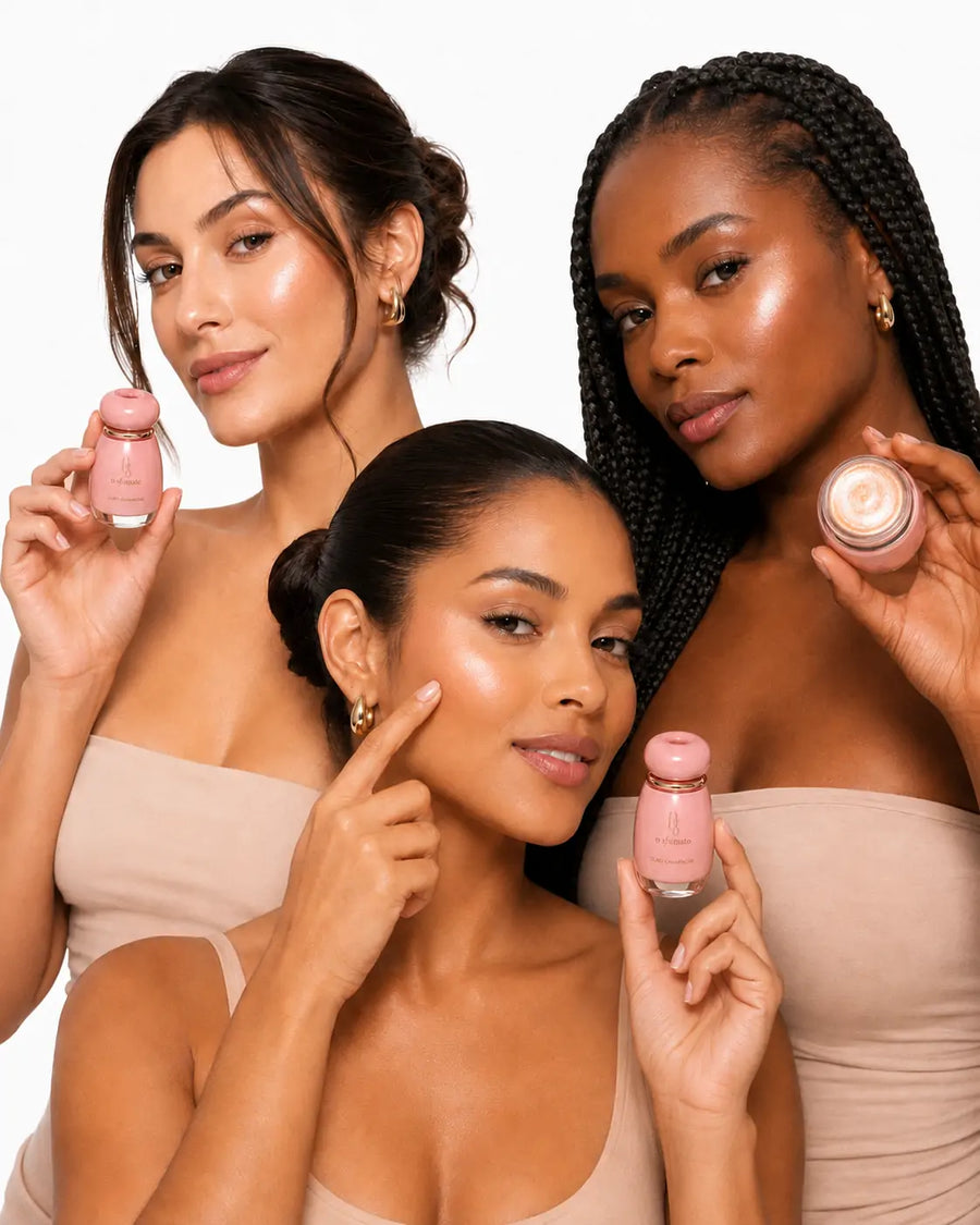 Iluminador Balm O Sfumato™ Ouro Champanhe em embalagem rosa com textura dourada luminosa.
