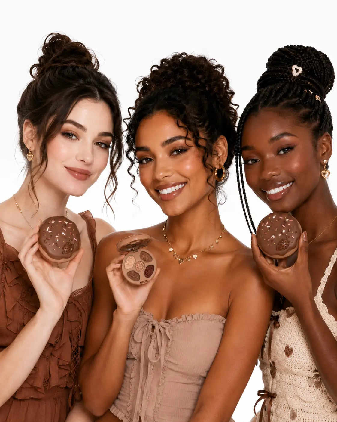 Três modelos com diferentes tons de pele segurando a paleta de sombras O Sfumato™ Chocolate Cacau.
