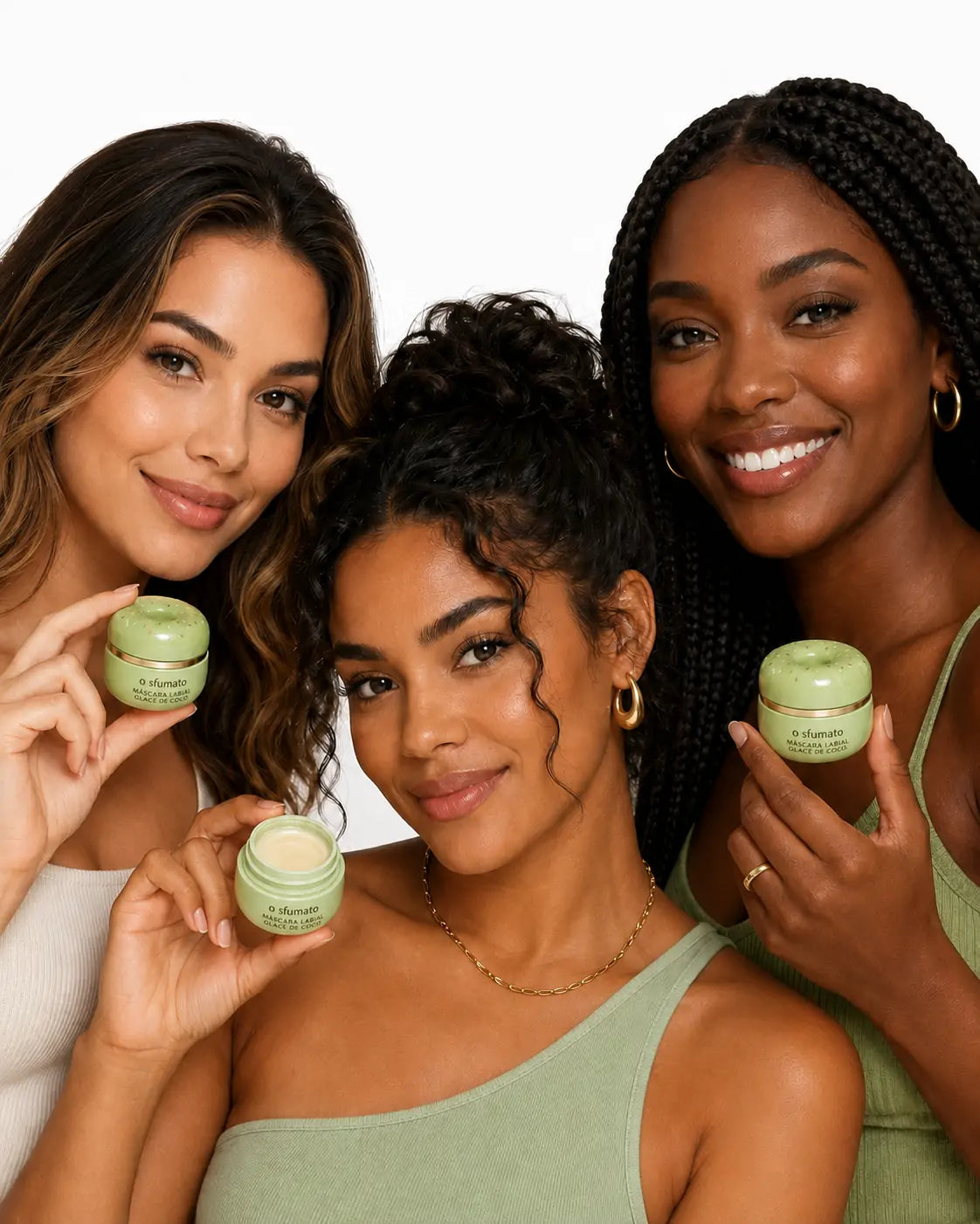 Três modelos de diferentes tons de pele segurando o bálsamo labial O Sfumato™ Coconut Glaze.