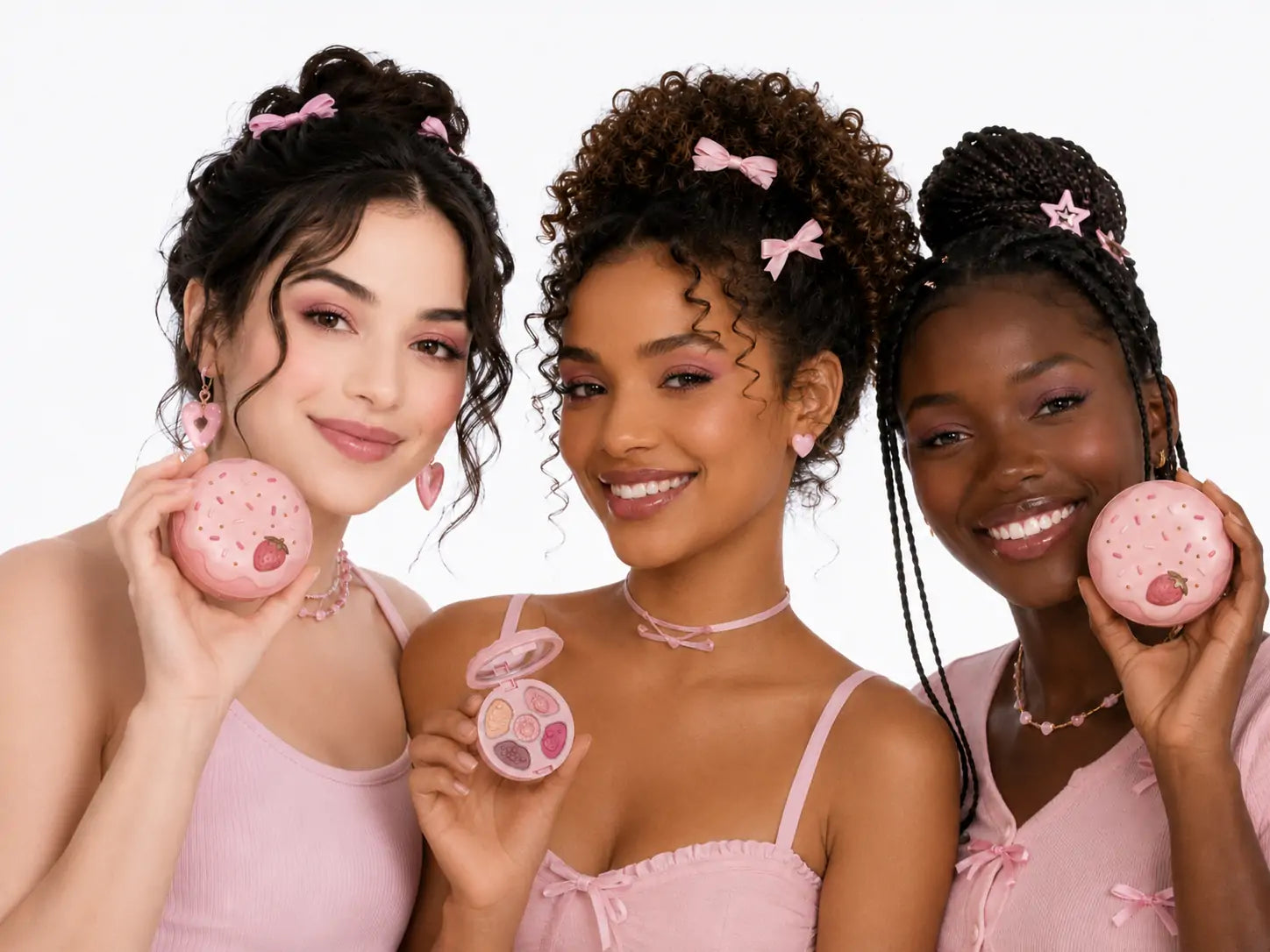 Modelos com diferentes tons de pele segurando a paleta de sombras O Sfumato Morango com Creme em fundo claro