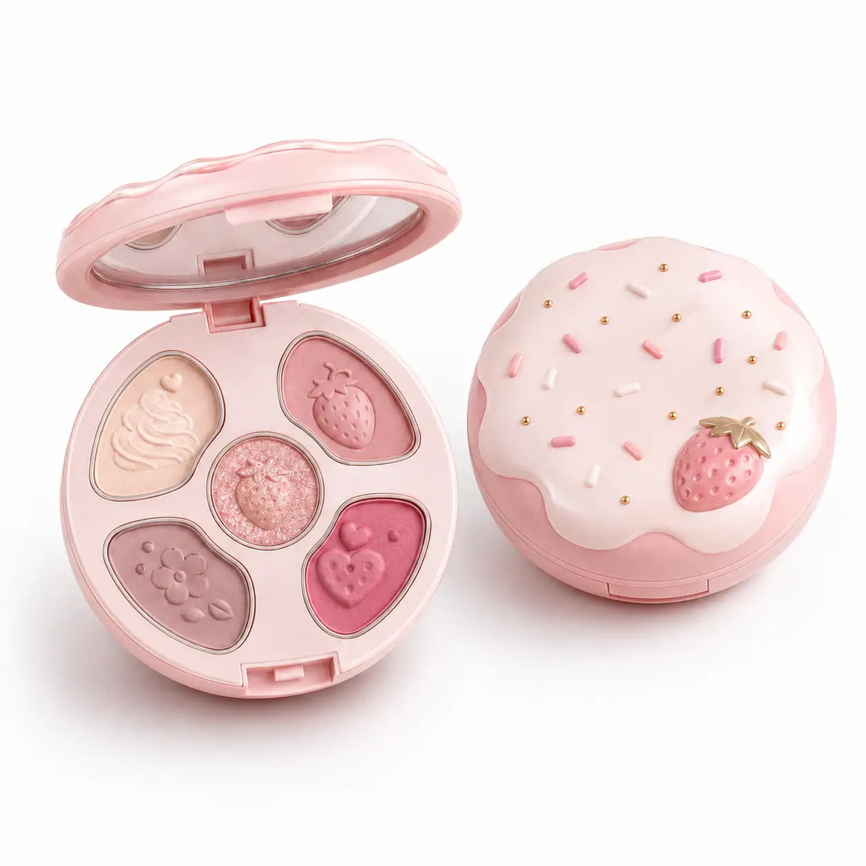 Paleta de sombras O Sfumato Morango com Creme com embalagem rosa redonda e tons suaves de rosa, creme e brilho
