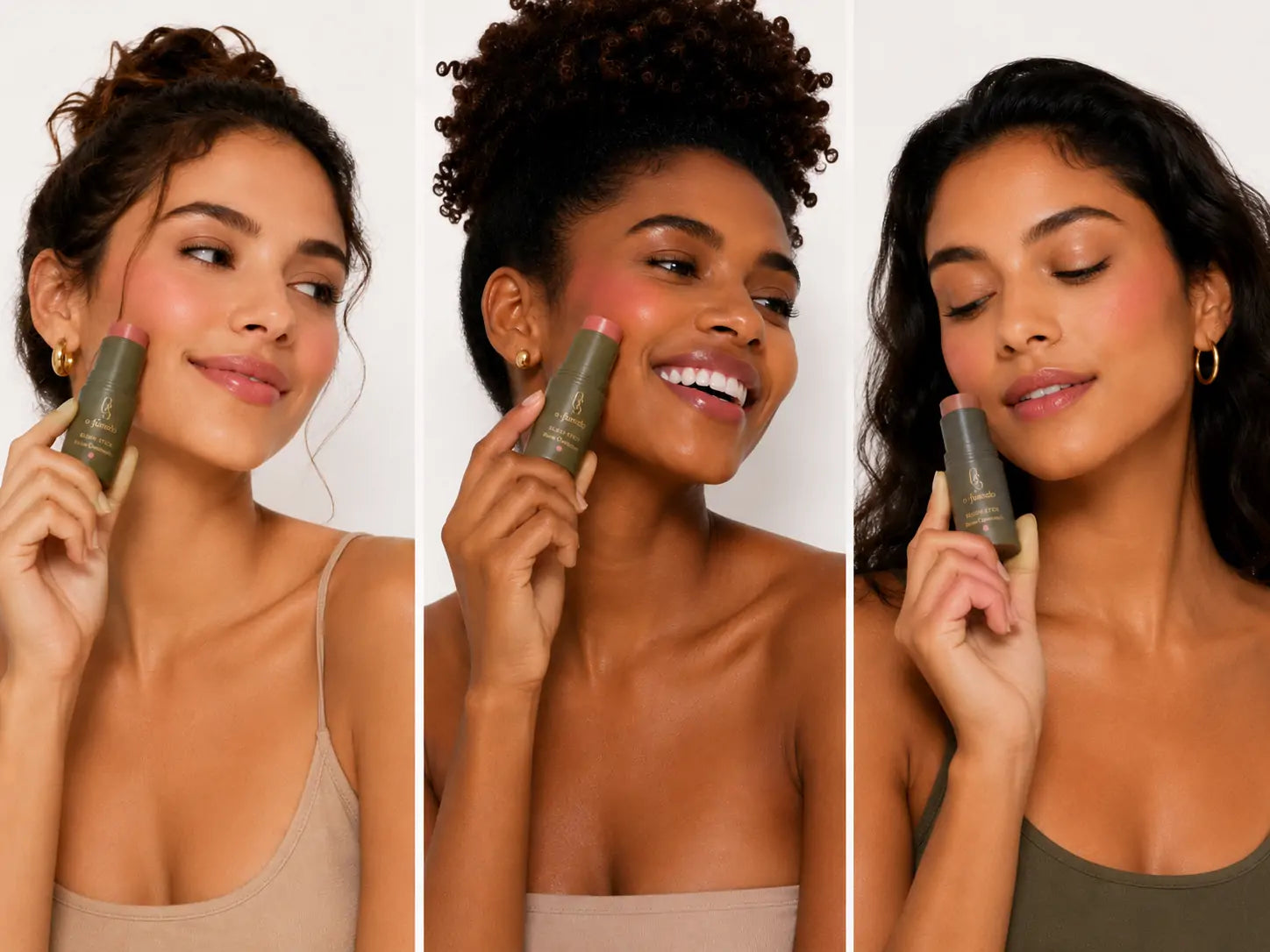 Blush Stick Rosa Queimado O Sfumato™ aplicado em três tons de pele com modelos brasileiras em fundo branco