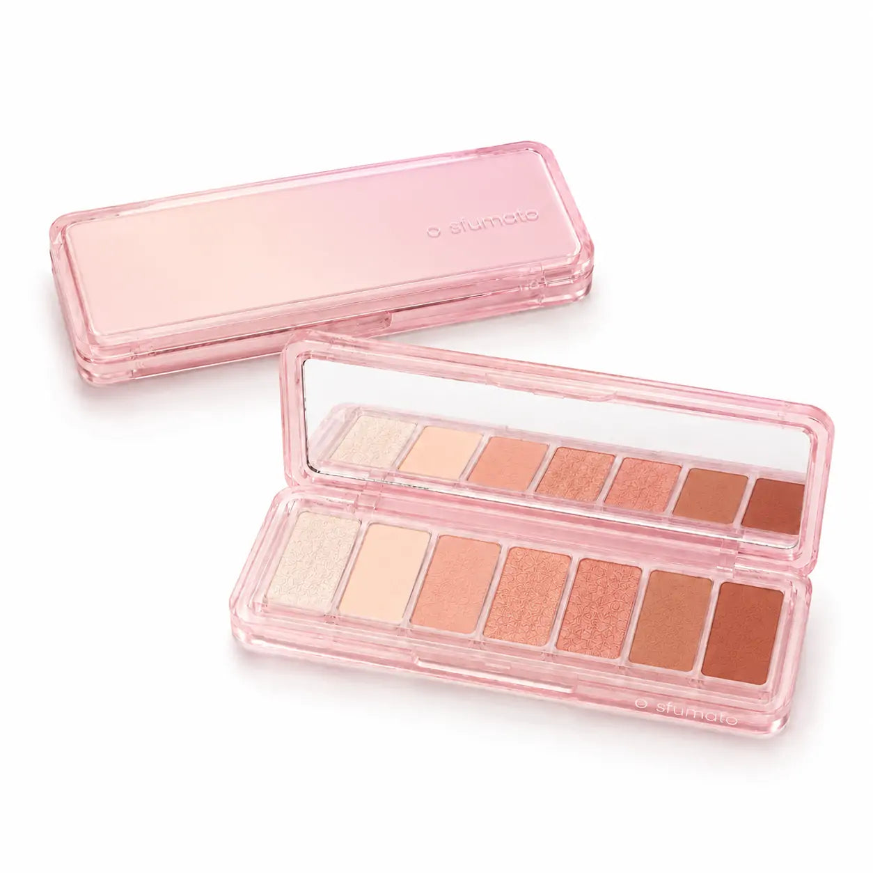 Paleta de sombras O Sfumato™ Rosa Pêssego com embalagem rosa, tons rosados, pêssego e terrosos