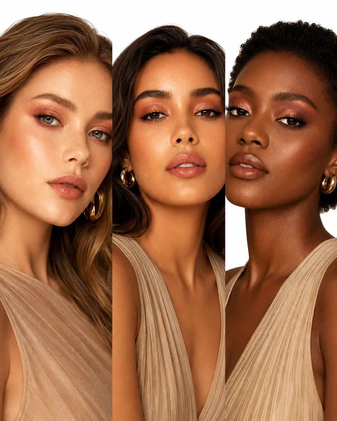 Maquiagem com sombras tons terrosos O Sfumato™ em três modelos com diferentes tons de pele