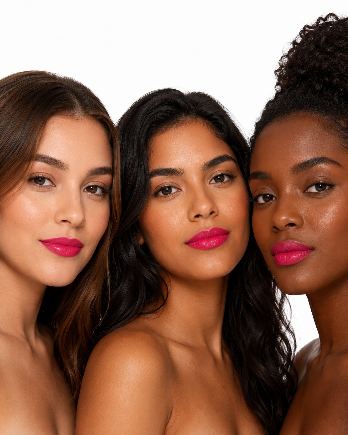 Três mulheres usando o O Sfumato Lip Gloss Rosquinha Pitaya Rosa em diferentes tons de pele