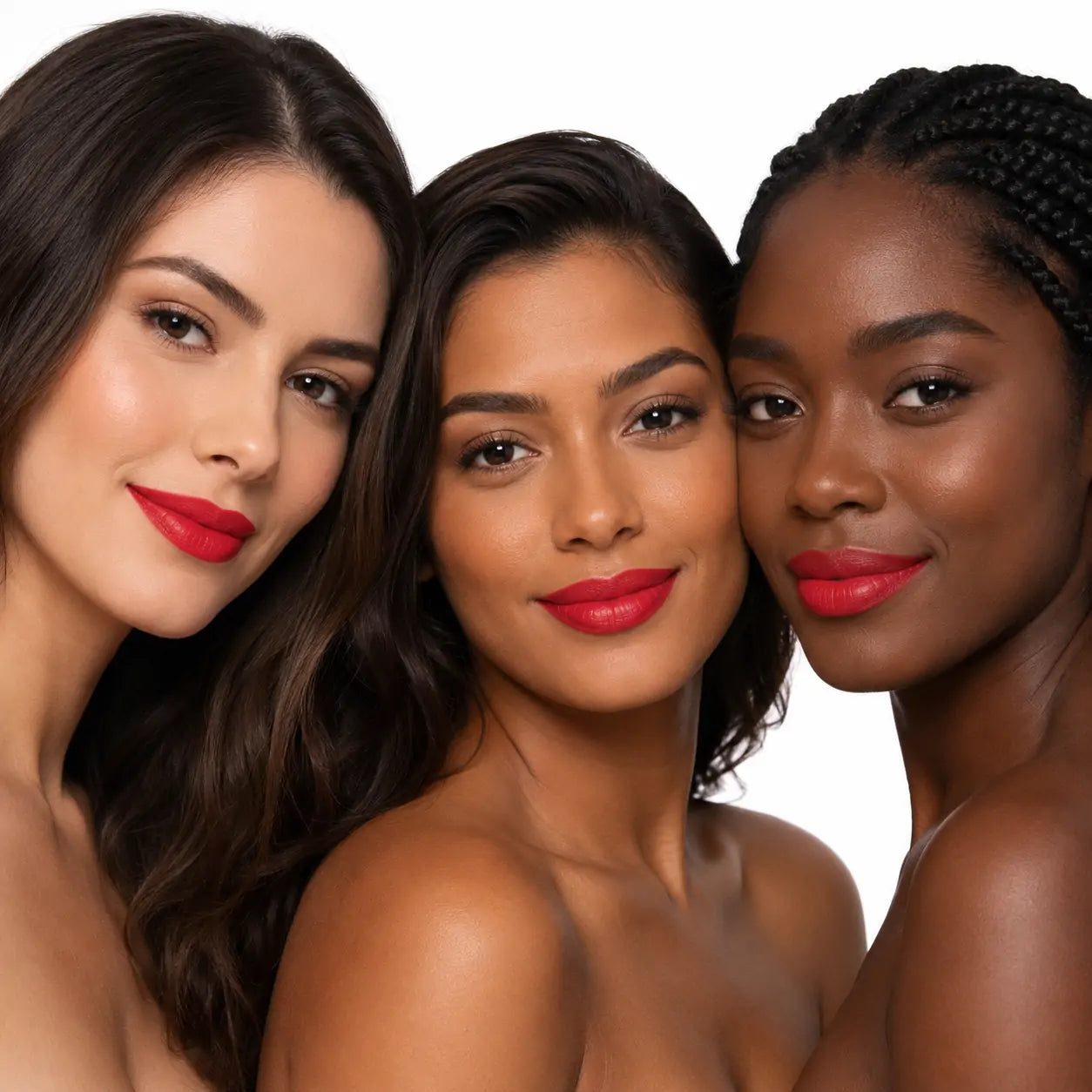 Três mulheres de diferentes tons de pele usando O Sfumato Lip Tint Peel Off Vermelho Cereja