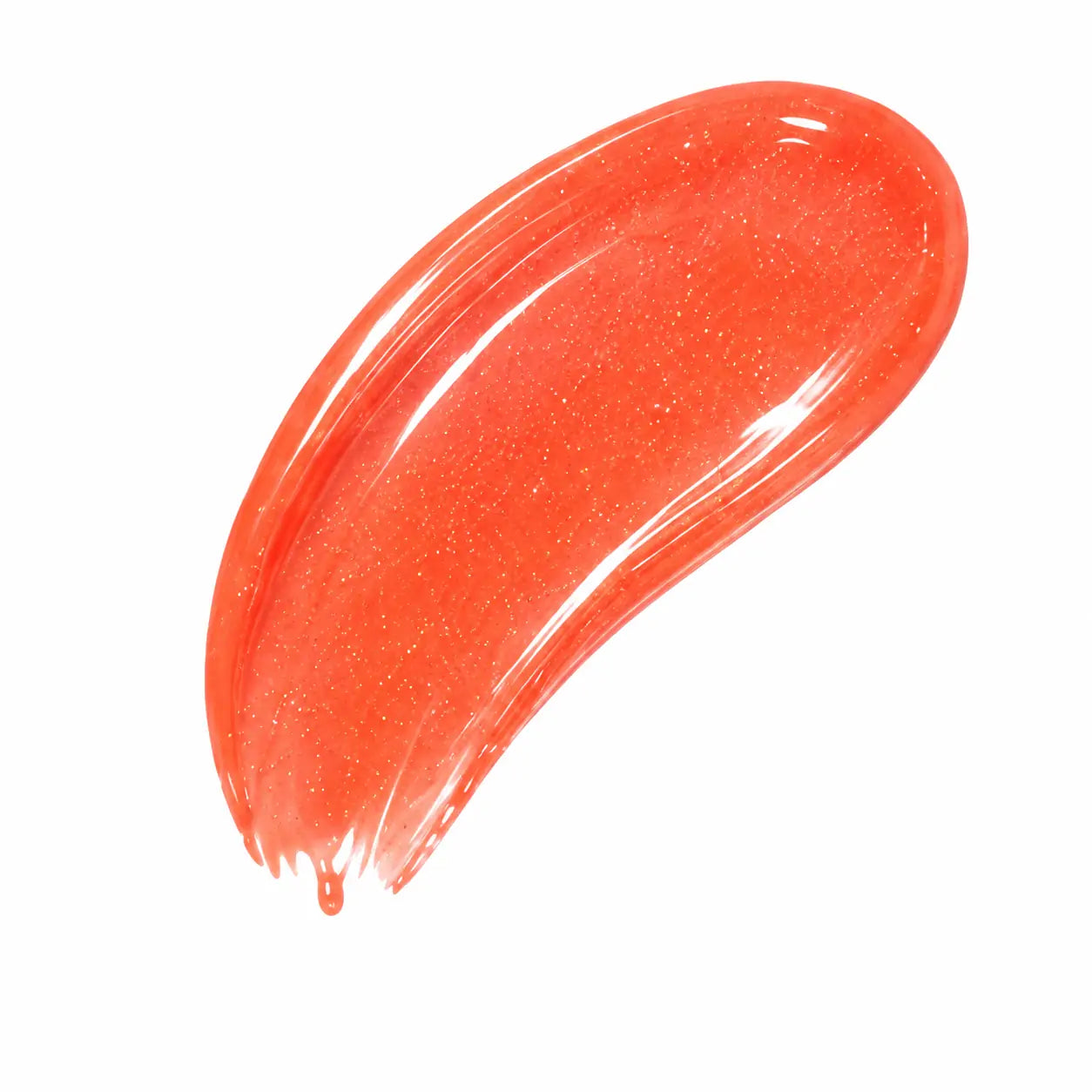 Textura do Lip Oil Coral Sunset com brilho coral alaranjado e partículas luminosas