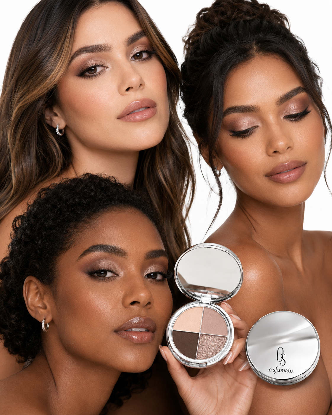 Mulheres brasileiras com três tons de pele usando paleta de sombras O Sfumato™