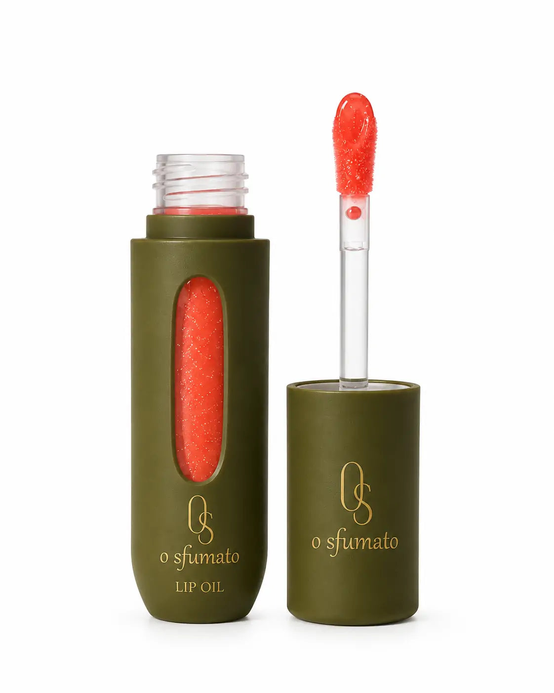 O Sfumato™ Lip Oil Coral Sunset em embalagem verde com aplicador e brilho coral alaranjado
