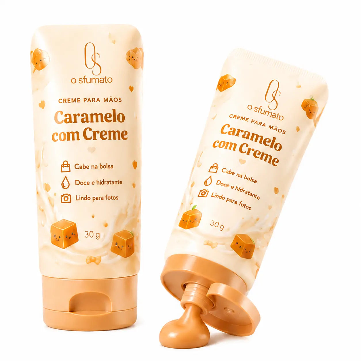 Creme para Mãos Caramelo com Creme O Sfumato™ em embalagem bege com tampa aberta e textura cremosa sobre fundo branco.