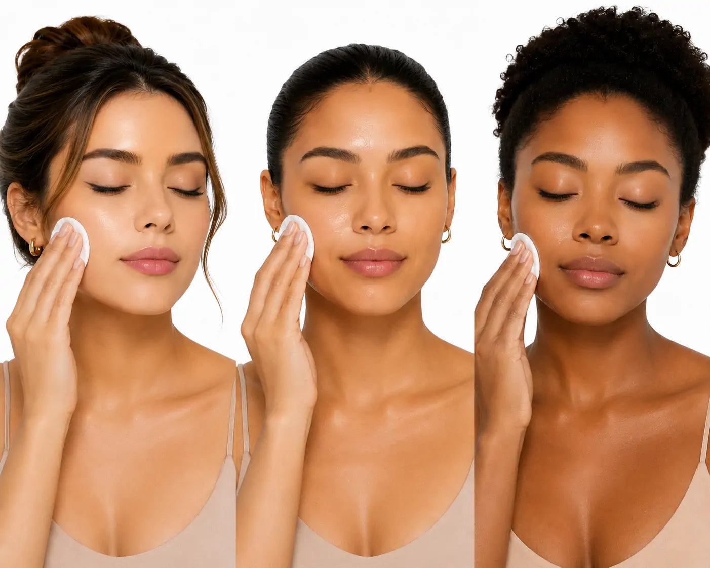 Mulheres de diferentes tons de pele usando O Sfumato Radiant Clean Óleo Demaquilante Monodose para remover a maquiagem