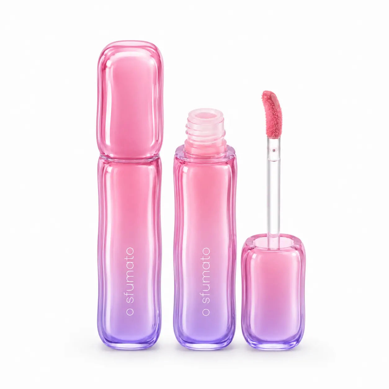 Gloss labial O Sfumato Pitaya Rosa com embalagem degradê rosa e lilás, frasco aberto e aplicador em fundo branco