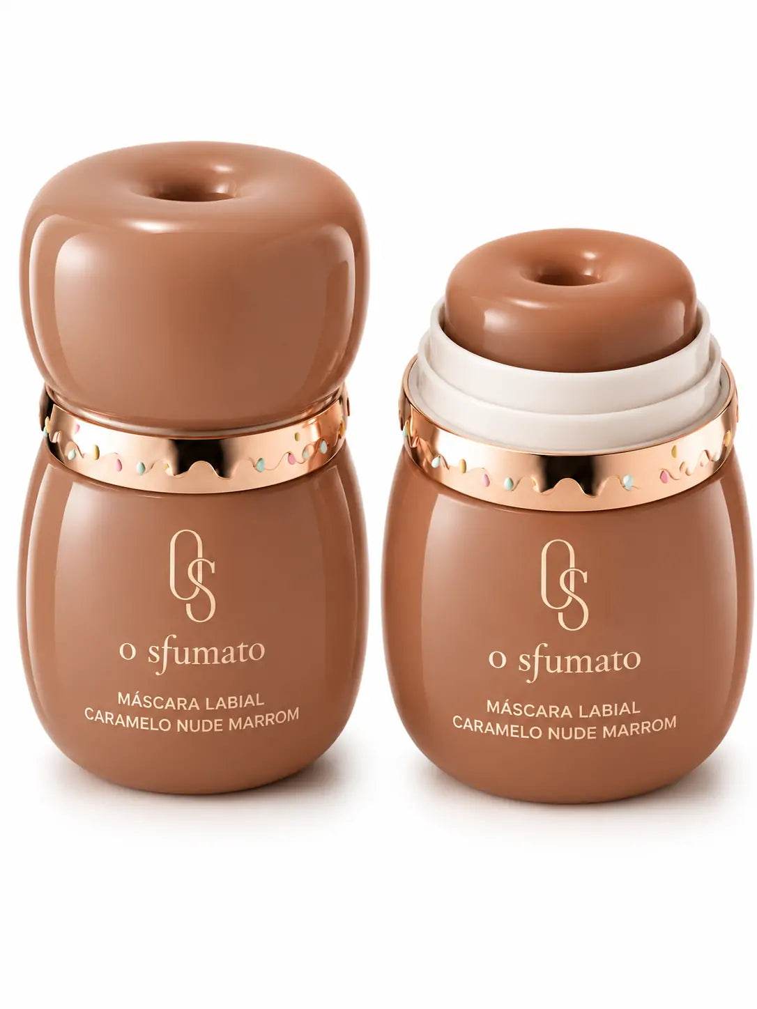 Blush cremoso O Sfumato™ Caramel Nude Brown em embalagem marrom com tampa fechada e produto aberto sobre fundo branco.