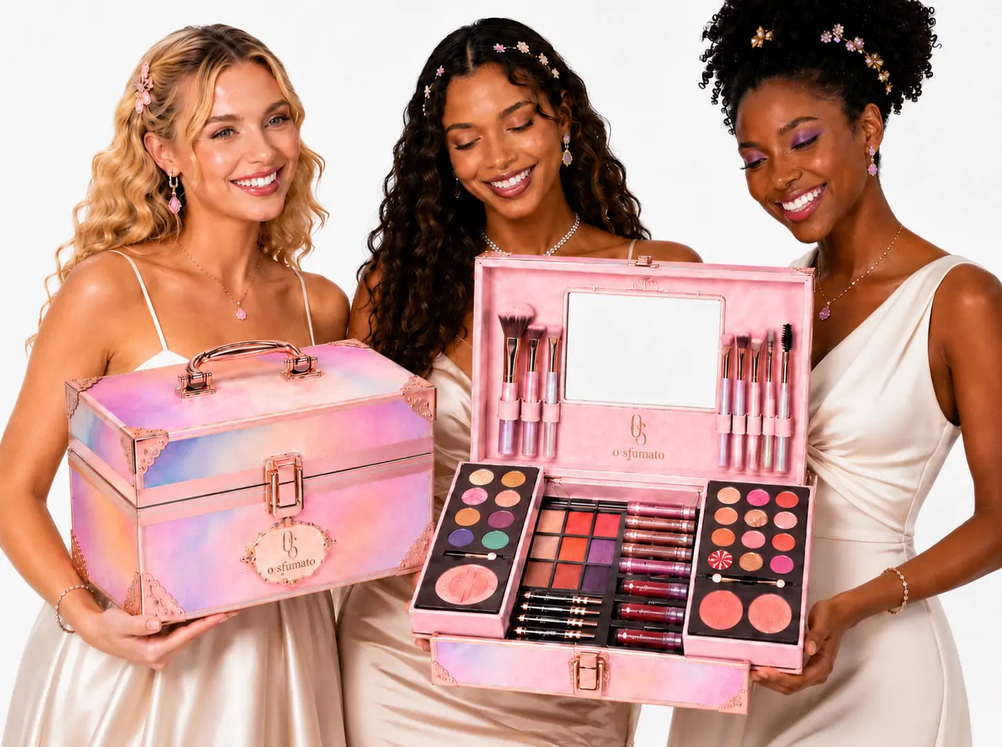 Três modelos brasileiras segurando maleta de maquiagem O Sfumato™ rosa pastel com kit completo de beleza
