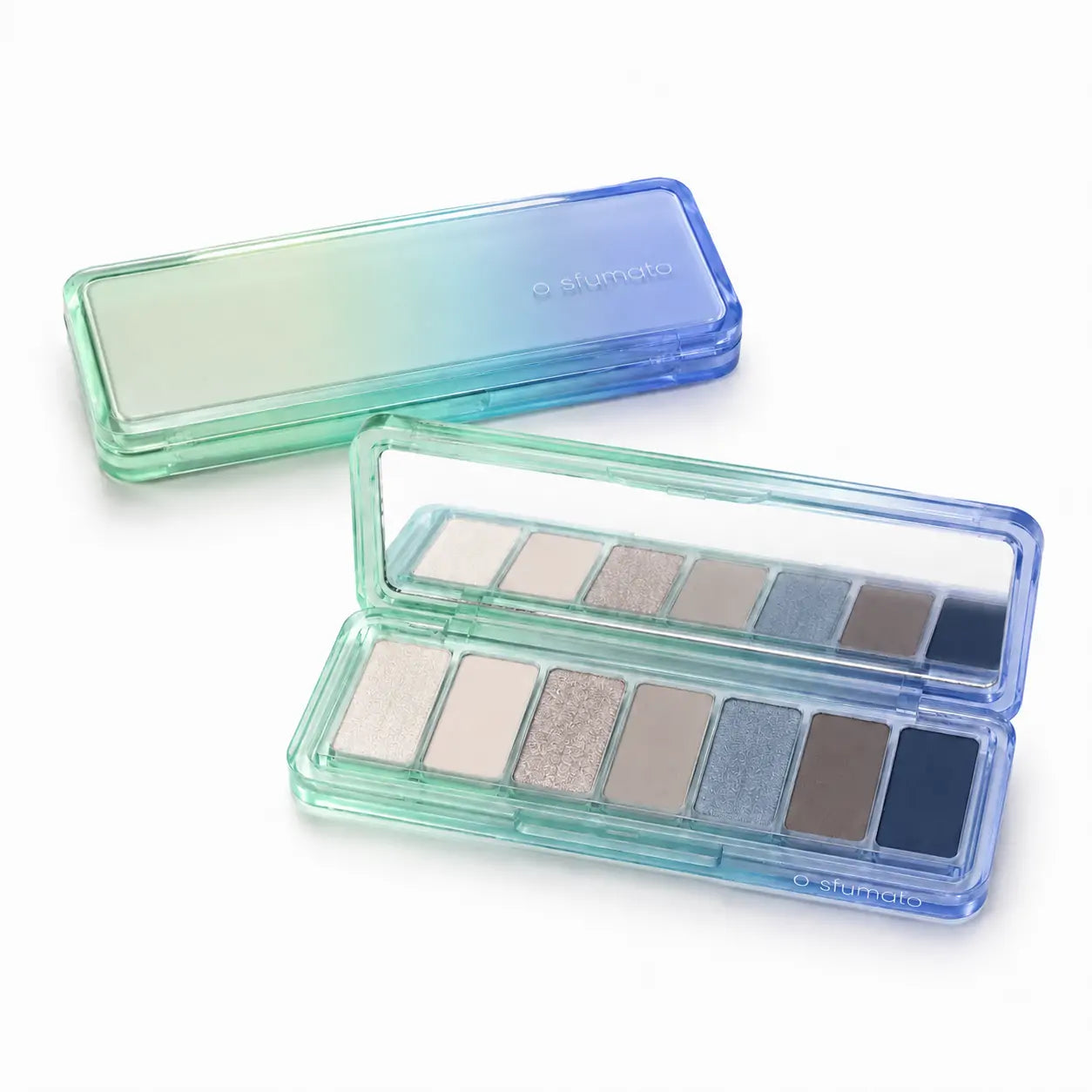 Paleta de sombras O Sfumato™ azul e nude com embalagem degradê verde e azul, aberta e fechada