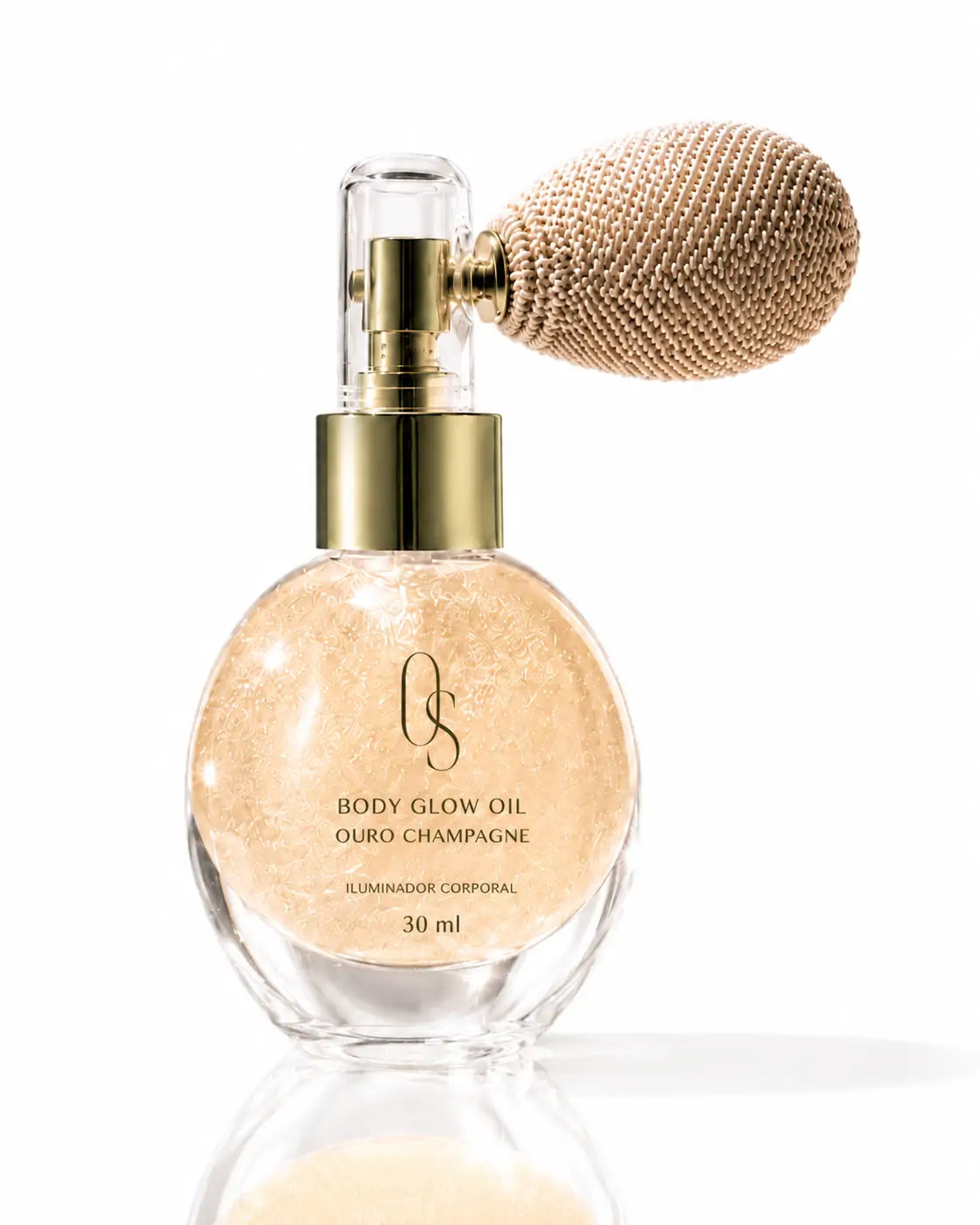 O Sfumato Óleo Iluminador Corporal Ouro Champagne 30 ml em frasco com aplicador sobre fundo branco