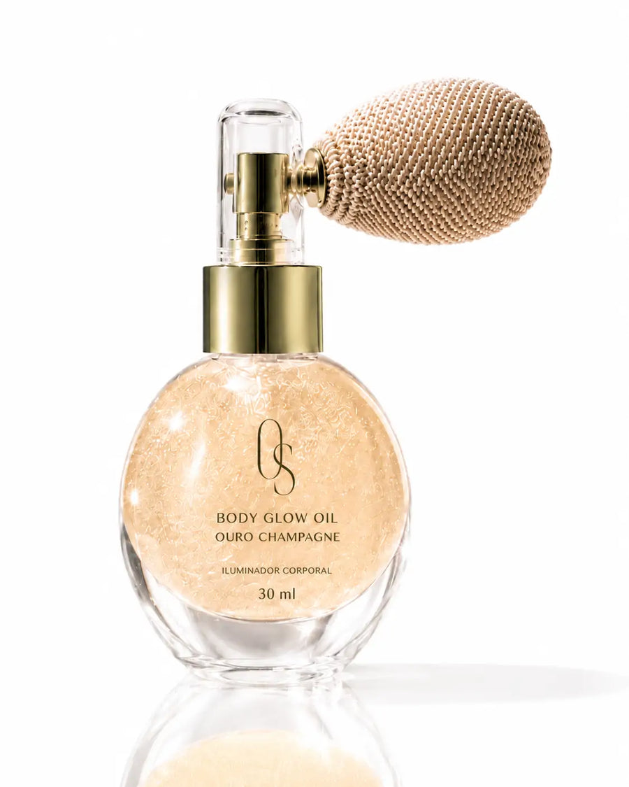 O Sfumato Óleo Iluminador Corporal Ouro Champagne 30 ml em frasco com aplicador sobre fundo branco