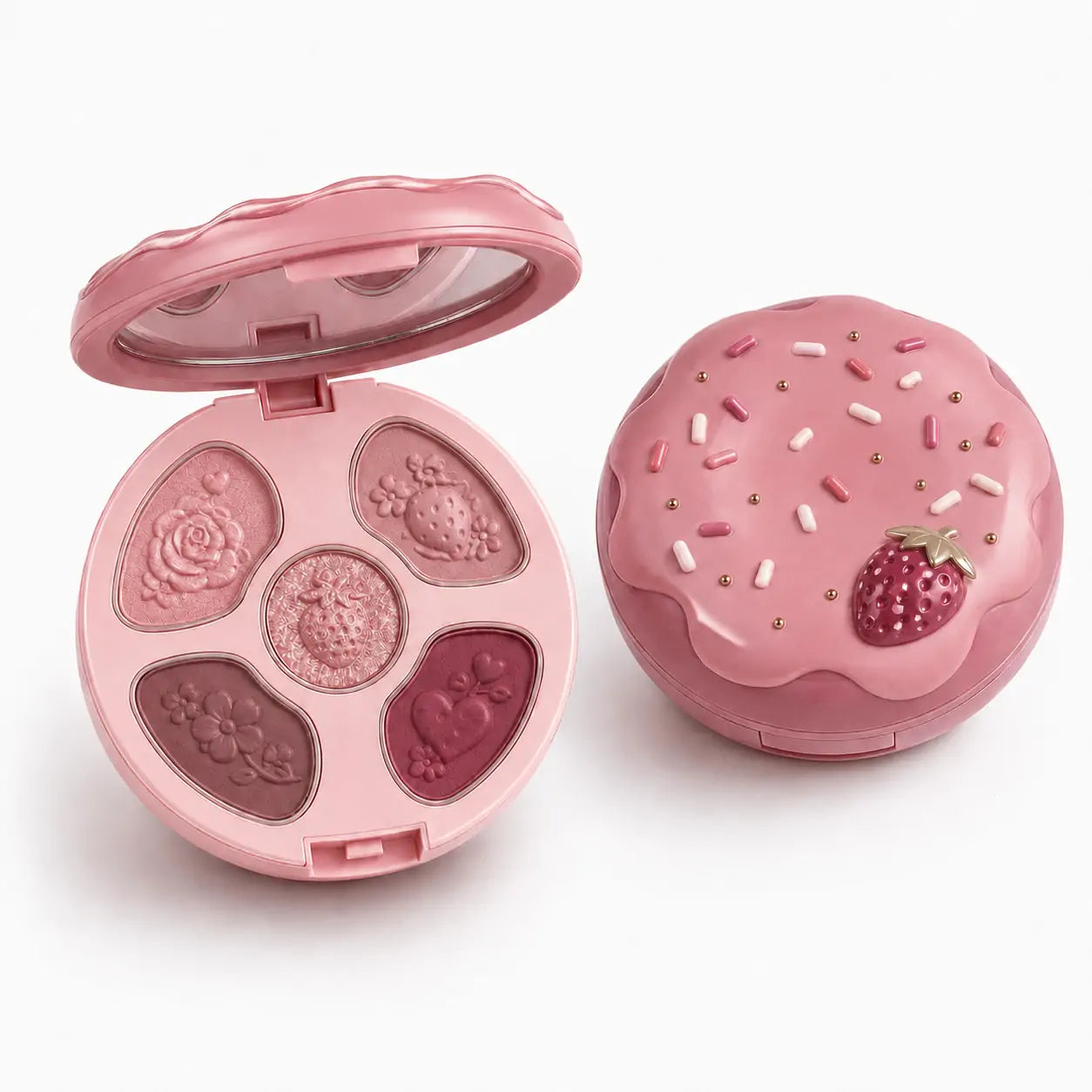 Paleta de sombras O Sfumato™ Rosa Frutas Vermelhas em embalagem redonda rosa com cinco cores e tampa decorada com morango.