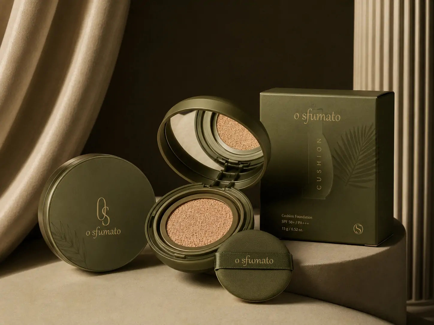 Base Cushion Bege Dourado O Sfumato™ com embalagem verde