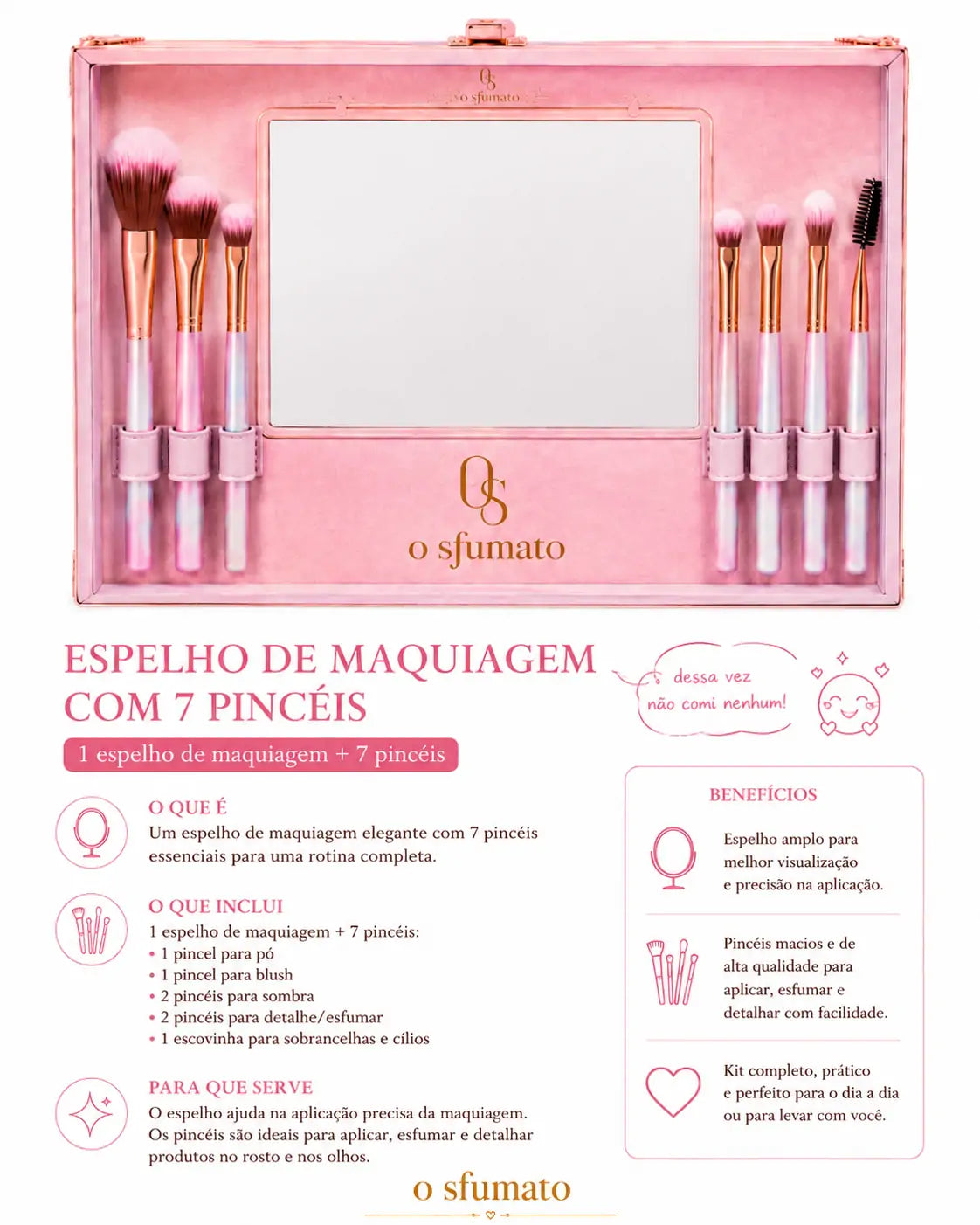 Espelho de maquiagem O Sfumato™ com 7 pincéis profissionais em estojo rosa para aplicação prática e organizada
