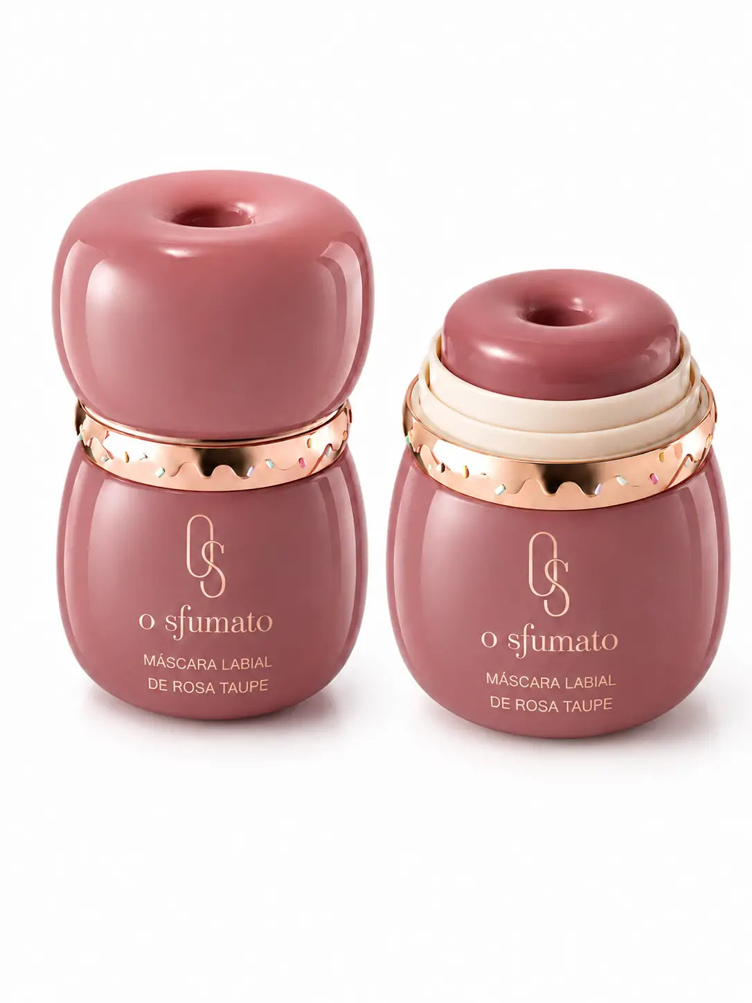 Blush cremoso O Sfumato™ Rose Taupe em embalagem rosa sofisticada, com tampa fechada e produto aberto para mostrar o formato do blush.