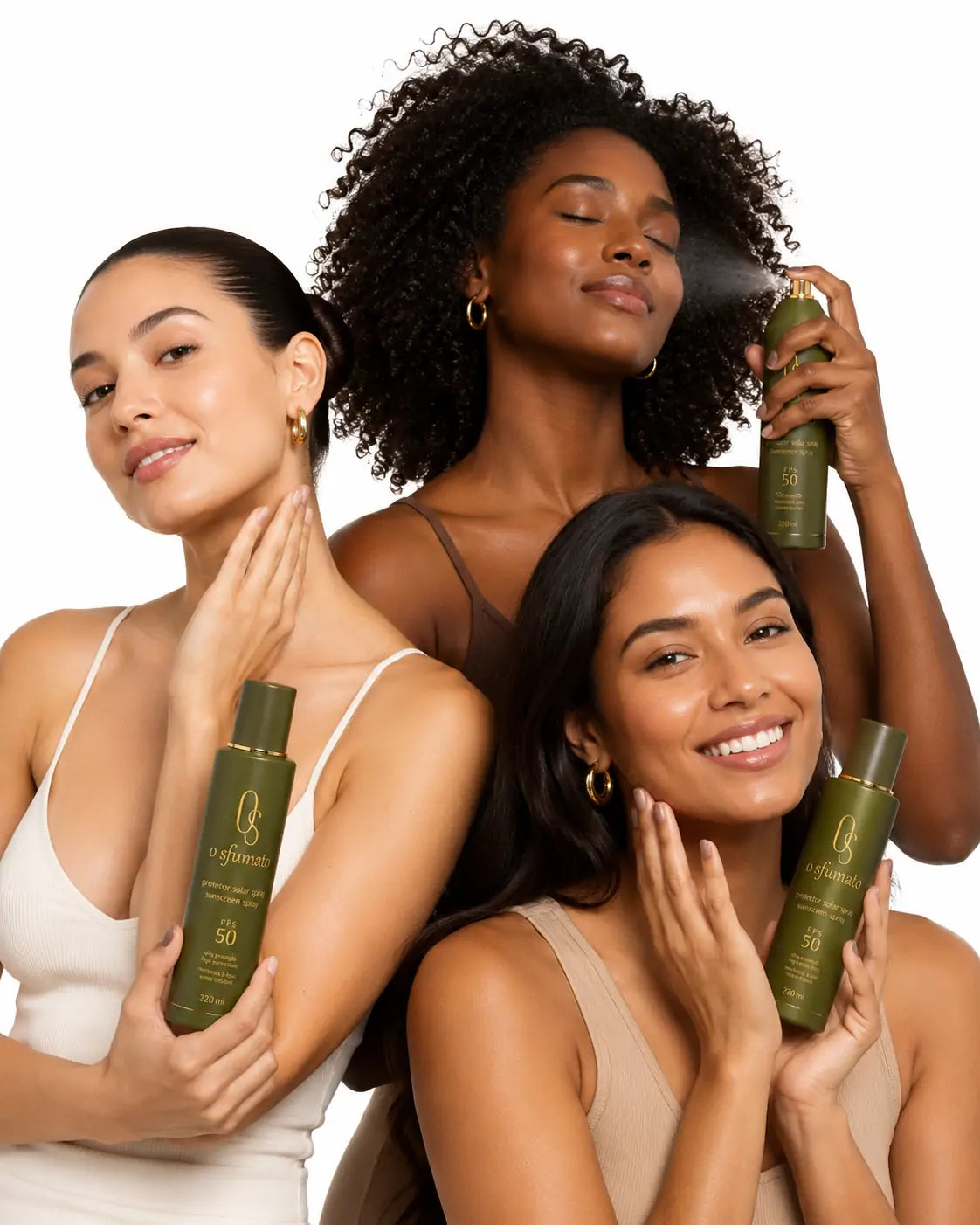 Três mulheres brasileiras de tons de pele diferentes usando o Protetor Solar Spray O Sfumato™ FPS 50 Verde Sol Dourado