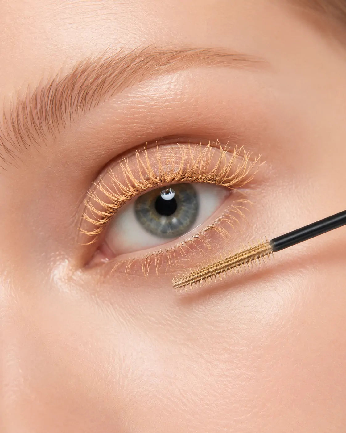 Close dos olhos com aplicação da máscara para cílios dourada O Sfumato™