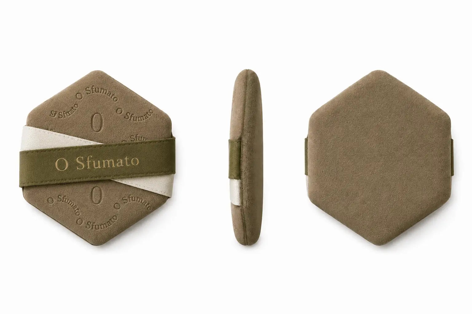 Puff de Maquiagem Hexagonal O Sfumato™ com frente lateral e verso em fundo branco
