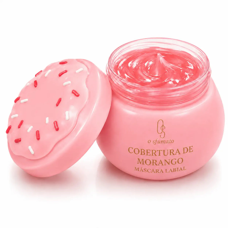 Máscara labial O Sfumato™ Cobertura de Morango em pote rosa aberto com textura gelatinosa e tampa decorada sobre fundo branco.