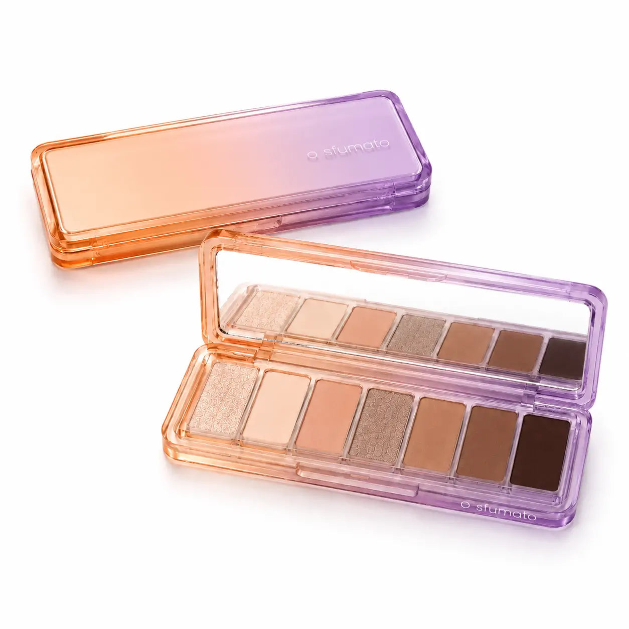 Paleta de sombras O Sfumato™ Nude Pêssego com embalagem em degradê laranja e lilás e tons neutros para maquiagem dos olhos