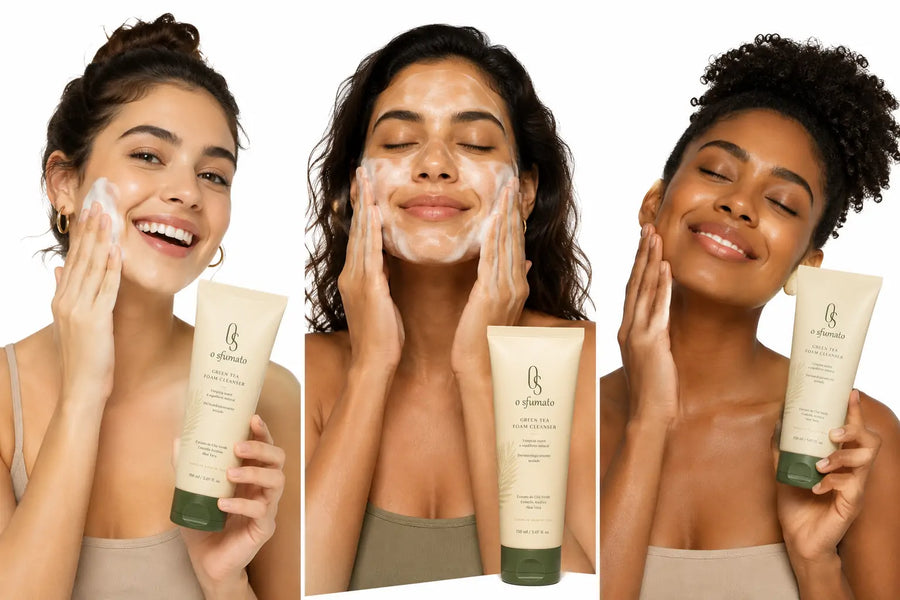 Gel de Limpeza Espuma Chá Verde O Sfumato™ com embalagem verde e tubo bege para todos os tipos de pele