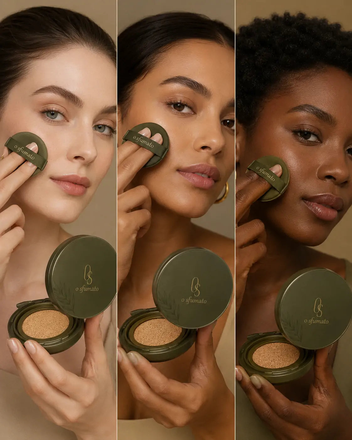 Base Cushion Bege Dourado O Sfumato™ para pele uniforme