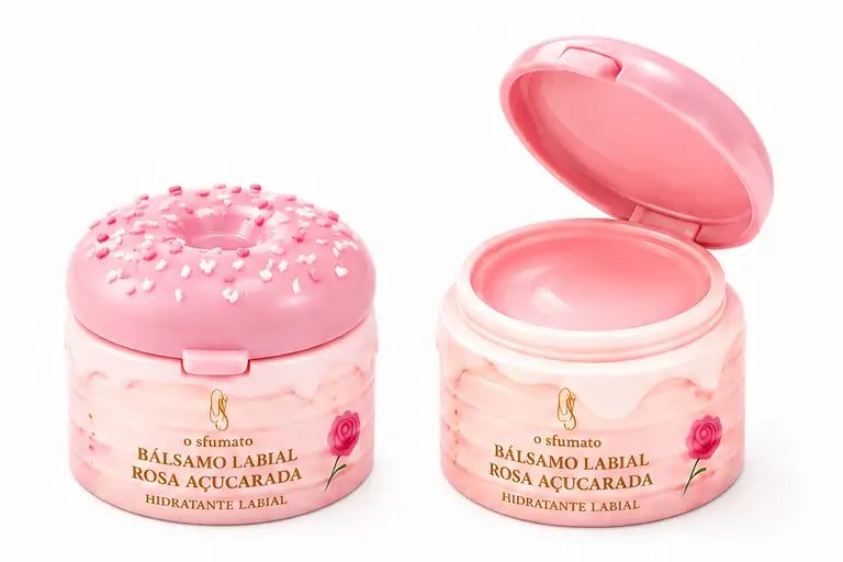 Perfume sólido Rosa Açucarada O Sfumato™ em embalagem rosa, com versão fechada e aberta, sobre fundo branco.