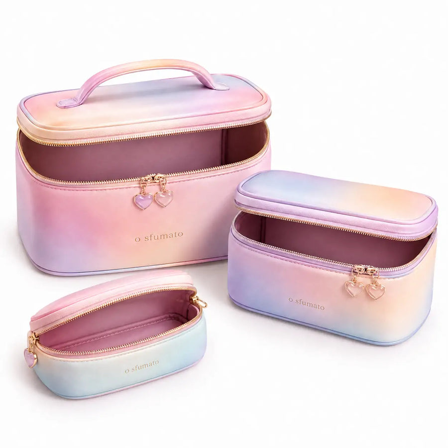 Kit necessaire de maquiagem O Sfumato™ degradê rosa lilás e azul com três tamanhos