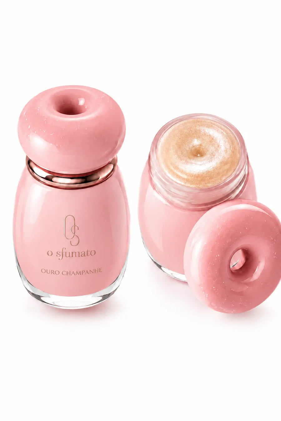 Iluminador Balm O Sfumato™ Ouro Champanhe em embalagem rosa com textura dourada luminosa.