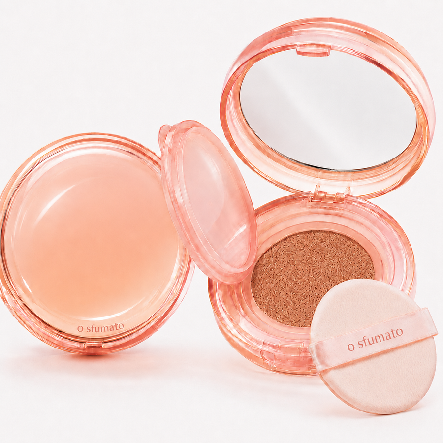 Base Cushion Caramelo O Sfumato™ com espelho interno, almofada cushion e puff aplicador
